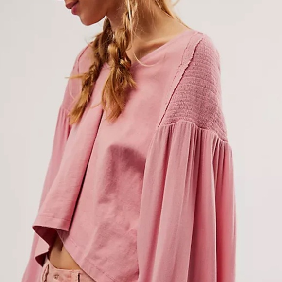 FREE PEOPLE KATHY LONG SLEEVE SMOCKED TOP MEDIUM PINK ROSE - Picture 2 of 6